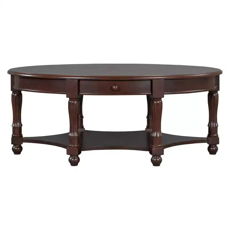 Table basse ovale vintage avec tiroir de rangement et étagère, table basse centrale en bois antique pour salon
