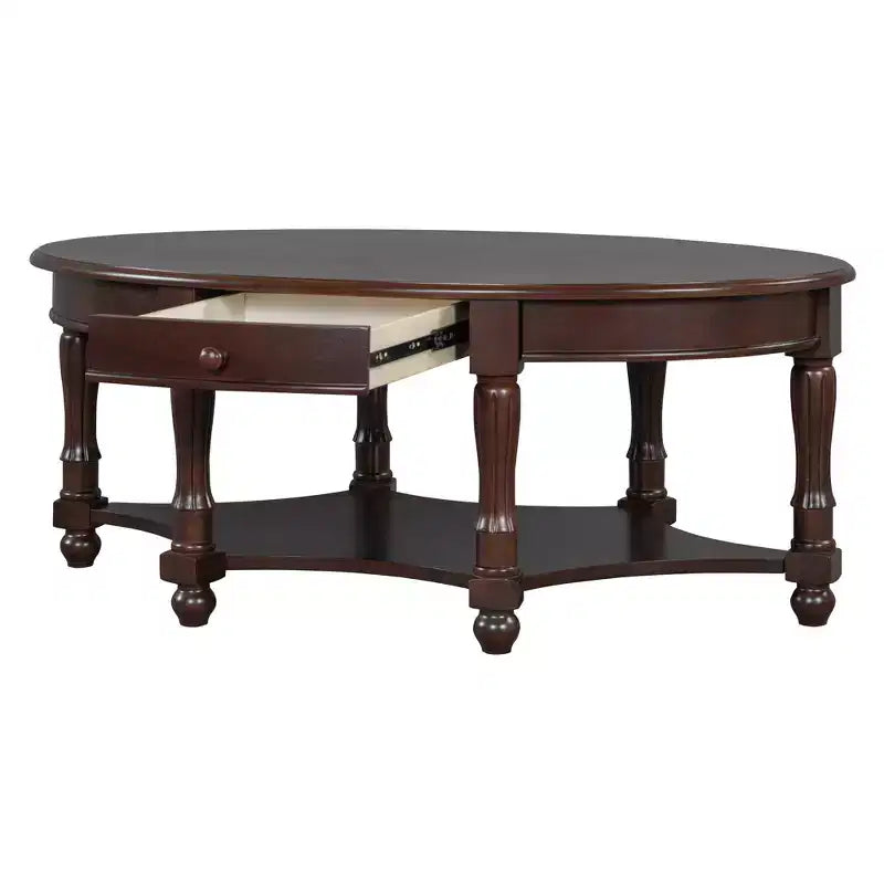 Table basse ovale vintage avec tiroir de rangement et étagère, table basse centrale en bois antique pour salon