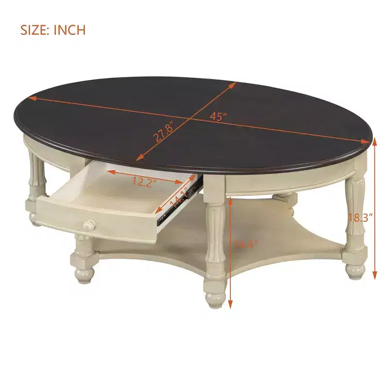 Table basse ovale vintage avec tiroir de rangement et étagère, table basse centrale en bois antique pour salon