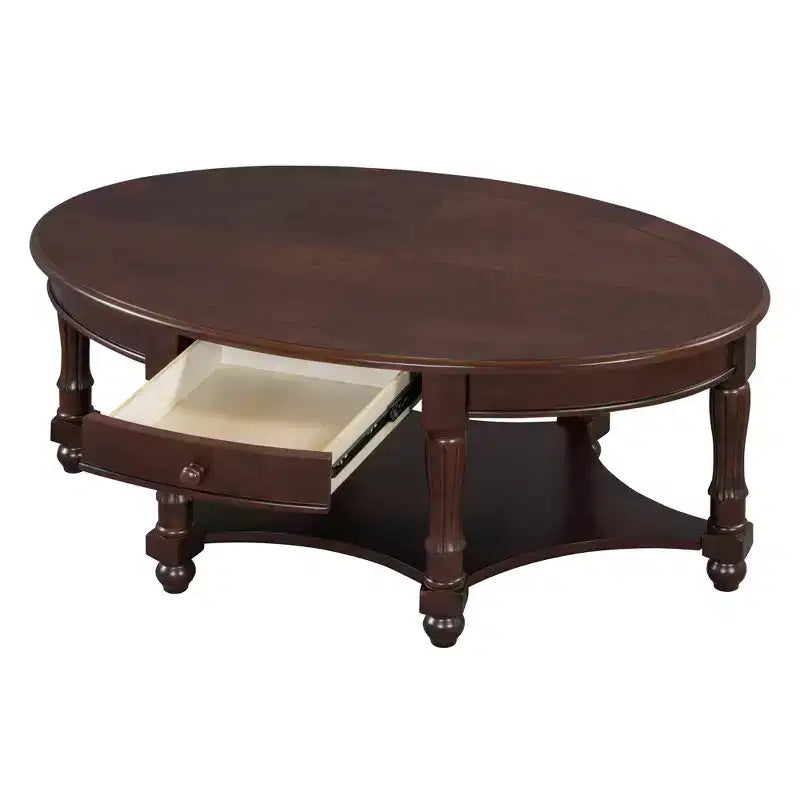Table basse ovale vintage avec tiroir de rangement et étagère, table basse centrale en bois antique pour salon