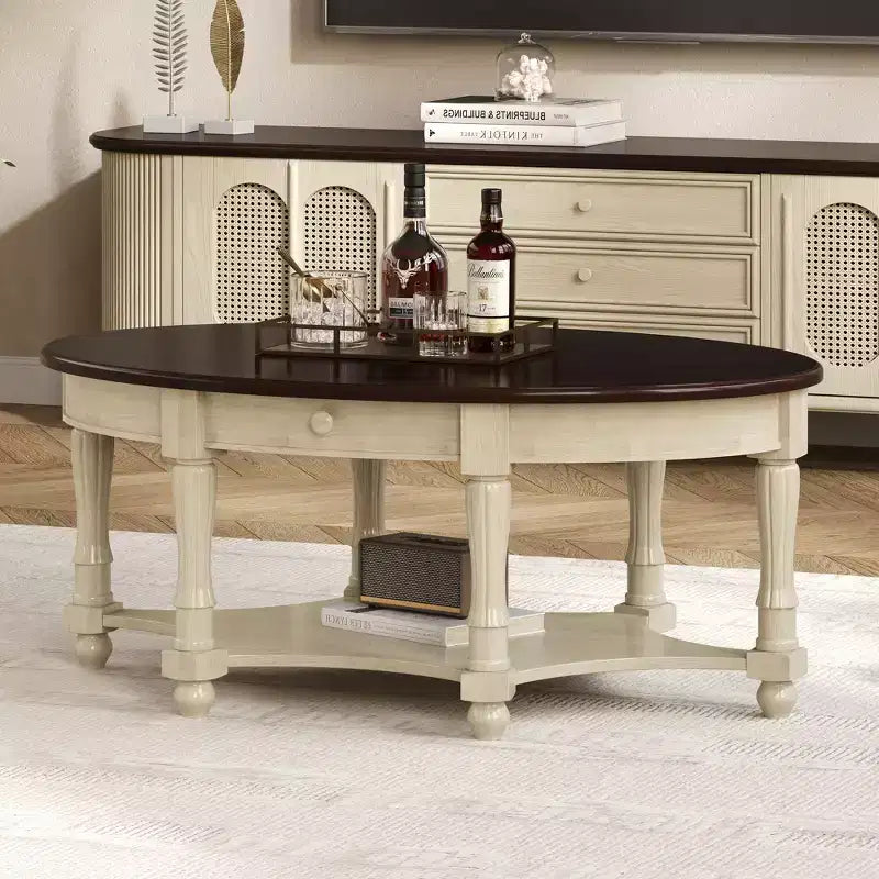Table basse ovale vintage avec tiroir de rangement et étagère, table basse centrale en bois antique pour salon