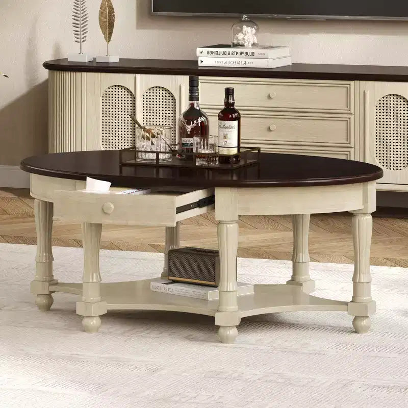 Table basse ovale vintage avec tiroir de rangement et étagère, table basse centrale en bois antique pour salon