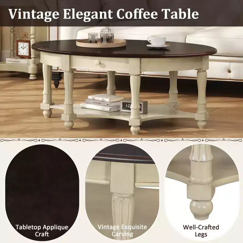 Table basse ovale vintage avec tiroir de rangement et étagère, table basse centrale en bois antique pour salon