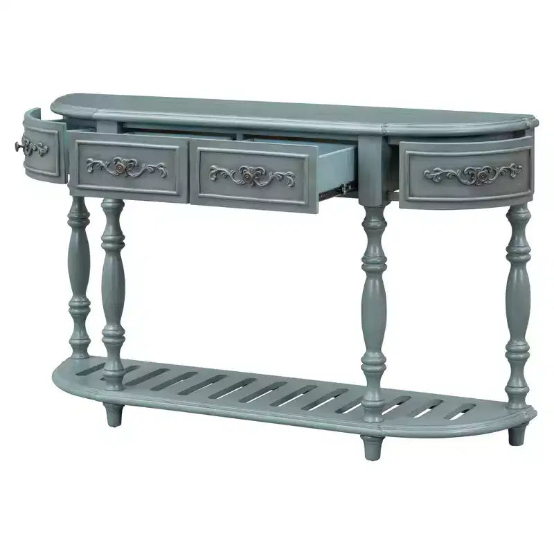 Table console incurvée en bois rétro, Table d'entrée en demi-lune avec tiroirs et étagère pour salon, 132 cm