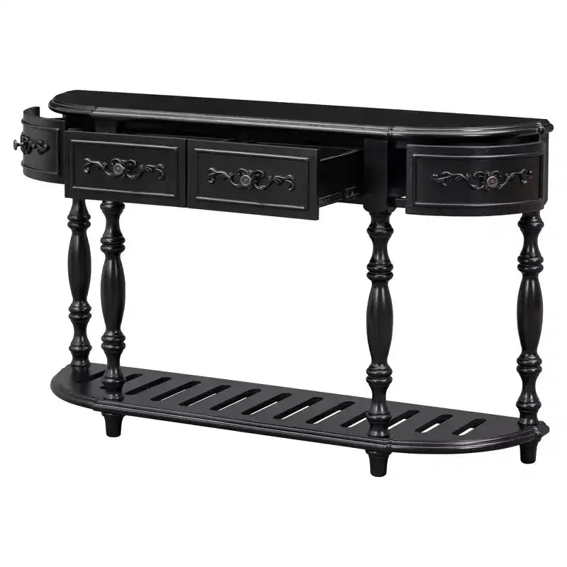 Table console incurvée en bois rétro, Table d'entrée en demi-lune avec tiroirs et étagère pour salon, 132 cm
