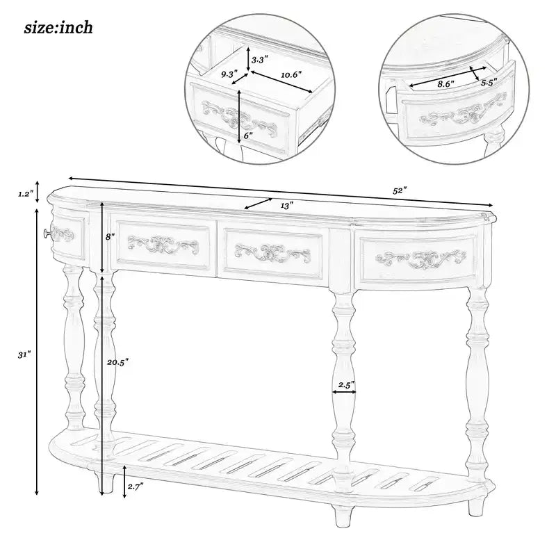 Table console incurvée en bois rétro, Table d'entrée en demi-lune avec tiroirs et étagère pour salon, 132 cm