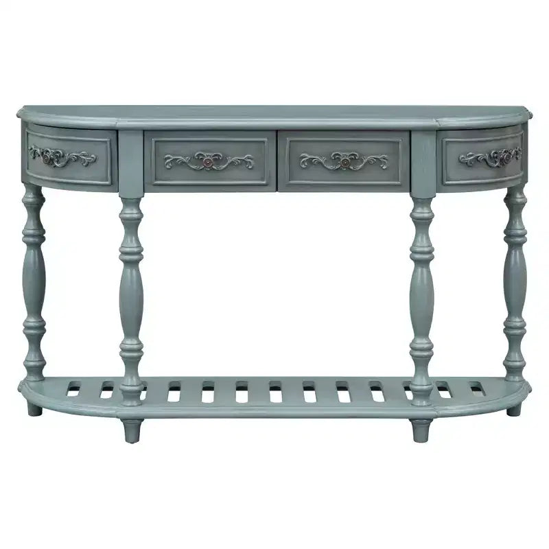 Table console incurvée en bois rétro, Table d'entrée en demi-lune avec tiroirs et étagère pour salon, 132 cm