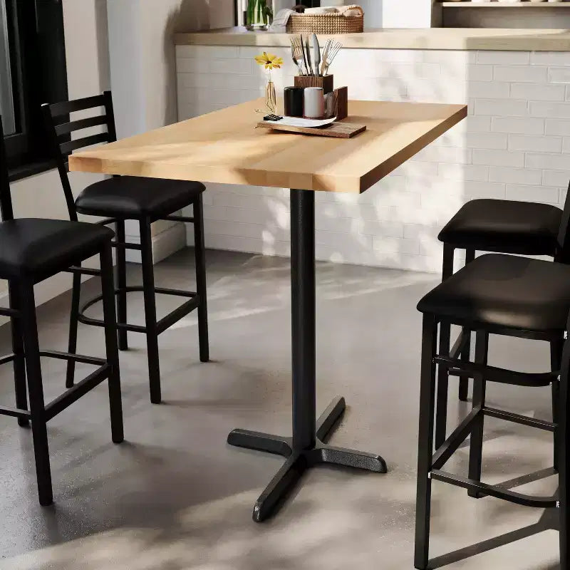 Plateau de table rectangulaire en bois massif, de qualité commerciale, pour intérieur, avec base en X en fonte résistante à la rouille de 23,5 x 29,5 (hauteur bar)