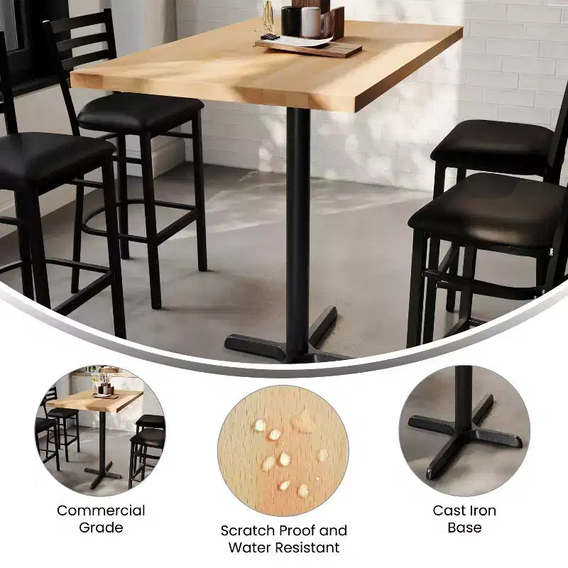 Plateau de table rectangulaire en bois massif, de qualité commerciale, pour intérieur, avec base en X en fonte résistante à la rouille de 23,5 x 29,5 (hauteur bar)