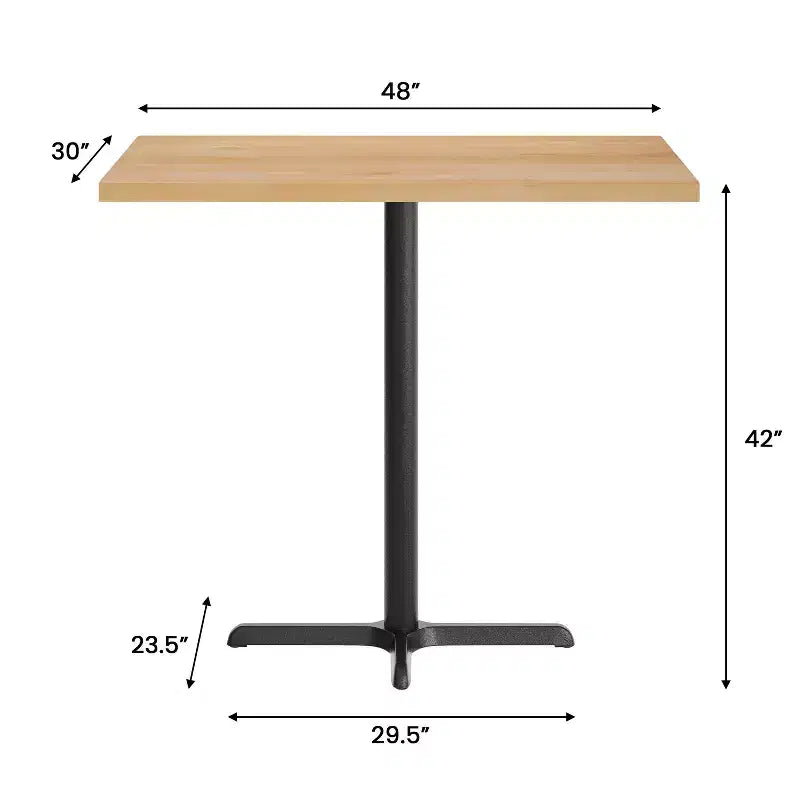 Plateau de table rectangulaire en bois massif, de qualité commerciale, pour intérieur, avec base en X en fonte résistante à la rouille de 23,5 x 29,5 (hauteur bar)