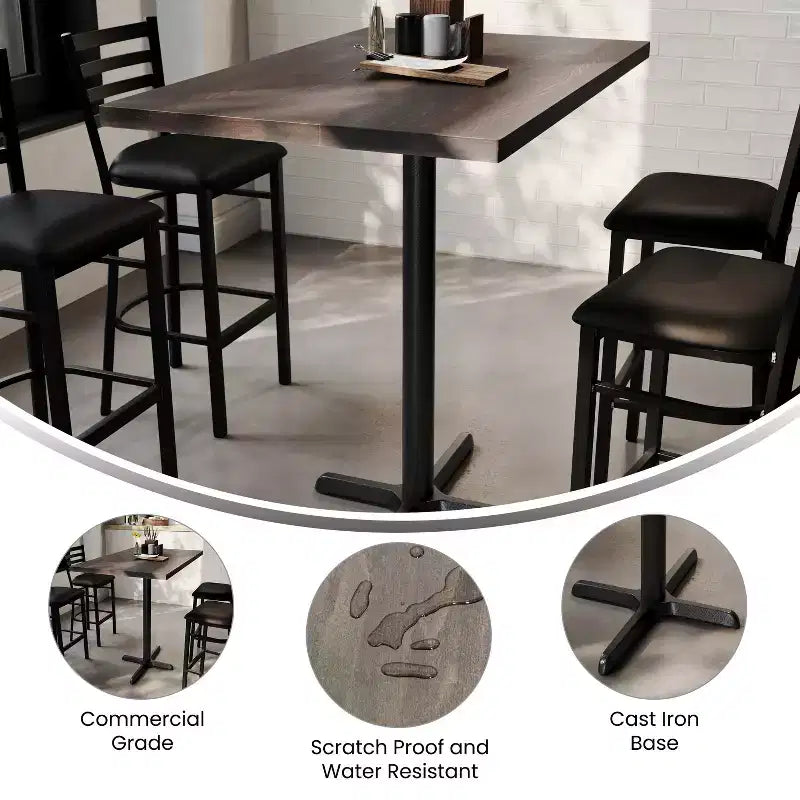 Plateau de table rectangulaire en bois massif, de qualité commerciale, pour intérieur, avec base en X en fonte résistante à la rouille de 23,5 x 29,5 (hauteur bar)
