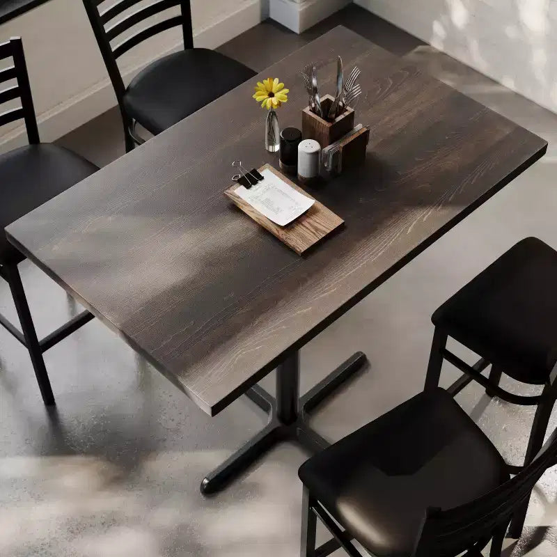 Plateau de table rectangulaire en bois massif, de qualité commerciale, pour intérieur, avec base en X en fonte résistante à la rouille de 23,5 x 29,5 (hauteur bar)