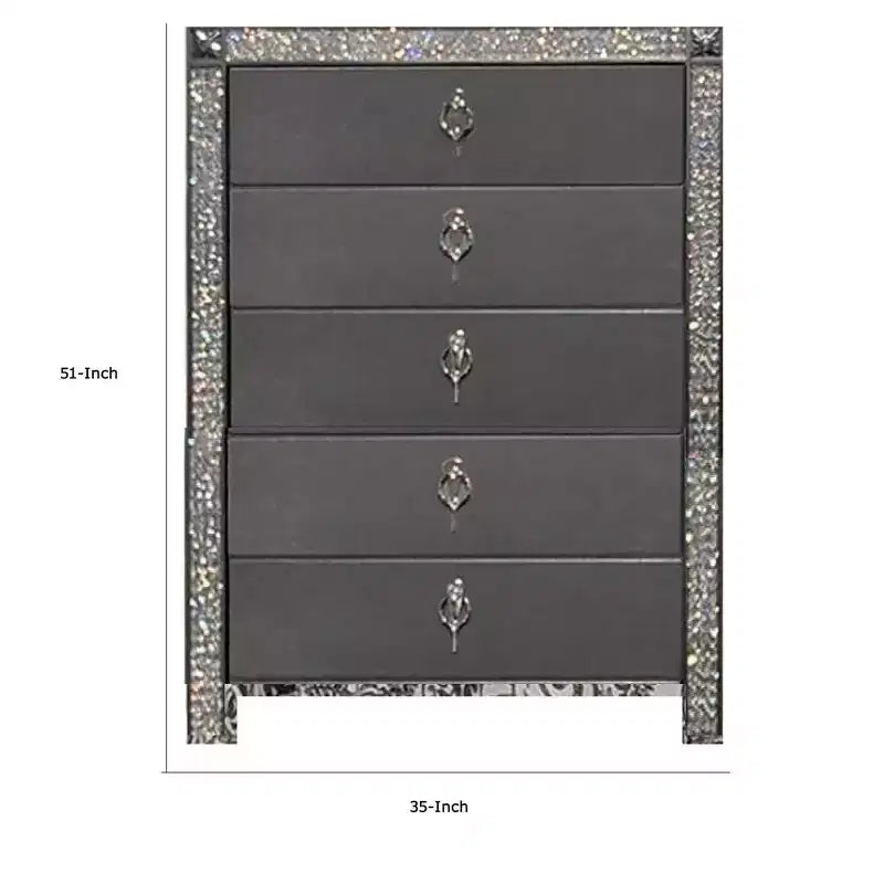 Commode haute, 5 tiroirs, garniture en cristal, bois massif gris