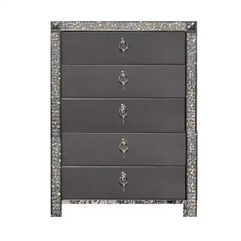 Commode haute, 5 tiroirs, garniture en cristal, bois massif gris