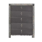 Commode haute, 5 tiroirs, garniture en cristal, bois massif gris