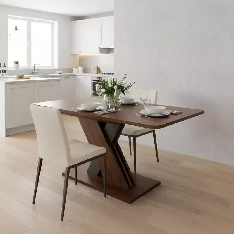 Table à manger rectangulaire extensible avec piètement en X, noyer