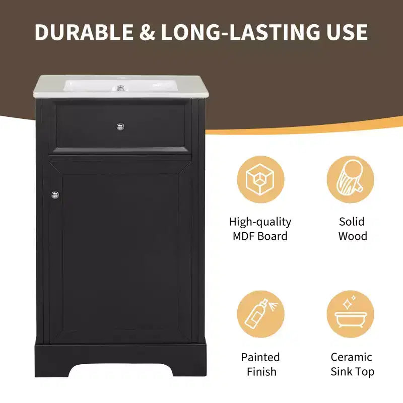Meuble Lavabo Salle de Bain 50 cm avec Porte à Fermeture Douce Étagère de Rangement Réglable Noir