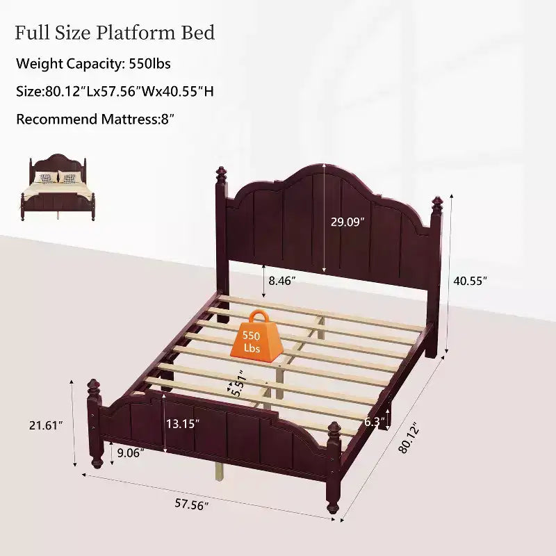 Cadre de lit double/Queen avec tête de lit, lit plateforme vintage en bois, aucun sommier tapissier requis