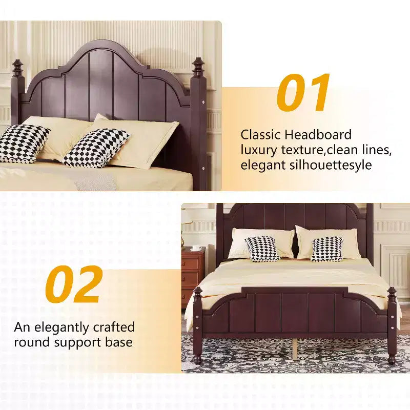 Cadre de lit double/Queen avec tête de lit, lit plateforme vintage en bois, aucun sommier tapissier requis