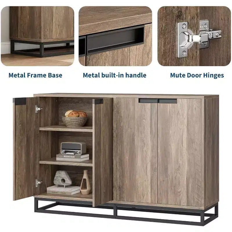 Meuble buffet de 140 cm de large avec 4 portes et étagères réglables, buffet de bar à café en bois pour salon, salle à manger, cuisine