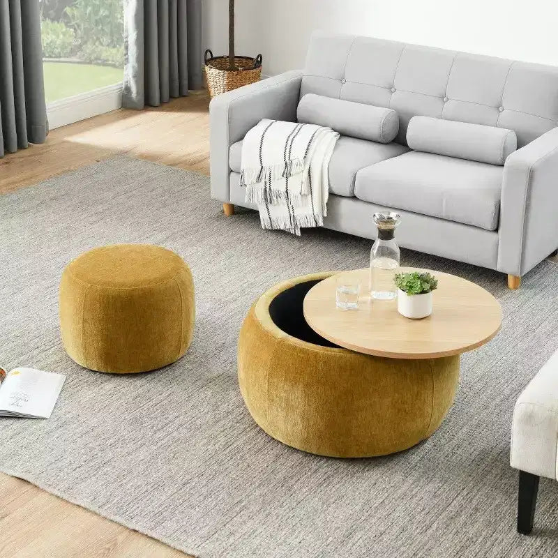 Pouf de rangement rond, Table d'appoint et repose-pieds 2-en-1 avec plateau amovible, 25 de diamètre, Aucun assemblage requis, Pouf pour salon, entrée
