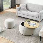 Pouf de rangement rond, Table d'appoint et repose-pieds 2-en-1 avec plateau amovible, 25 de diamètre, Aucun assemblage requis, Pouf pour salon, entrée