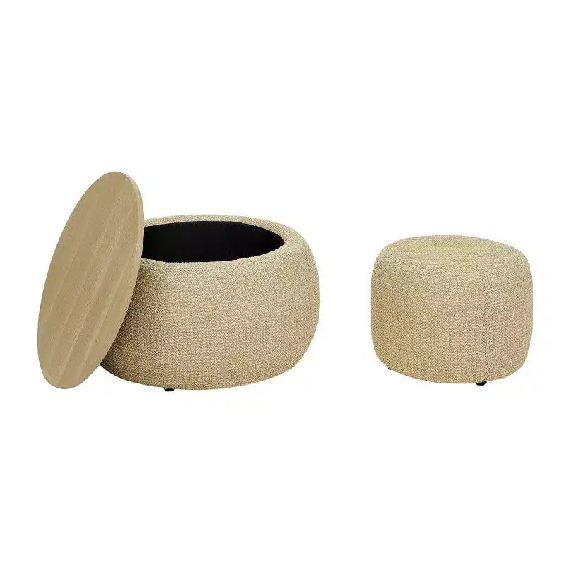 Pouf de rangement rond, Table d'appoint et repose-pieds 2-en-1 avec plateau amovible, 25 de diamètre, Aucun assemblage requis, Pouf pour salon, entrée