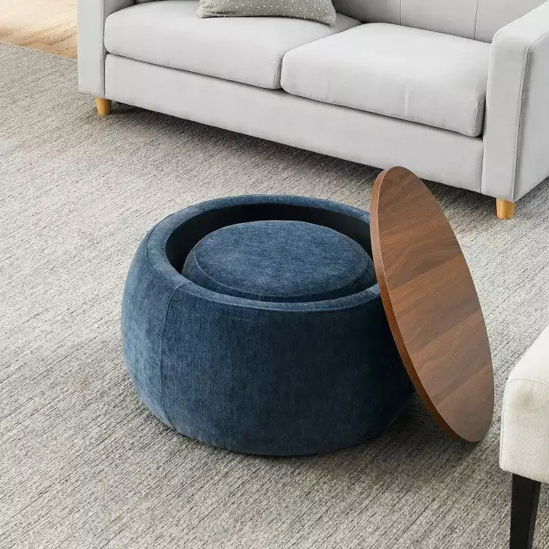 Pouf de rangement rond, Table d'appoint et repose-pieds 2-en-1 avec plateau amovible, 25 de diamètre, Aucun assemblage requis, Pouf pour salon, entrée
