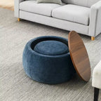 Pouf de rangement rond, Table d'appoint et repose-pieds 2-en-1 avec plateau amovible, 25 de diamètre, Aucun assemblage requis, Pouf pour salon, entrée
