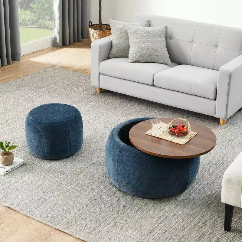 Pouf de rangement rond, Table d'appoint et repose-pieds 2-en-1 avec plateau amovible, 25 de diamètre, Aucun assemblage requis, Pouf pour salon, entrée