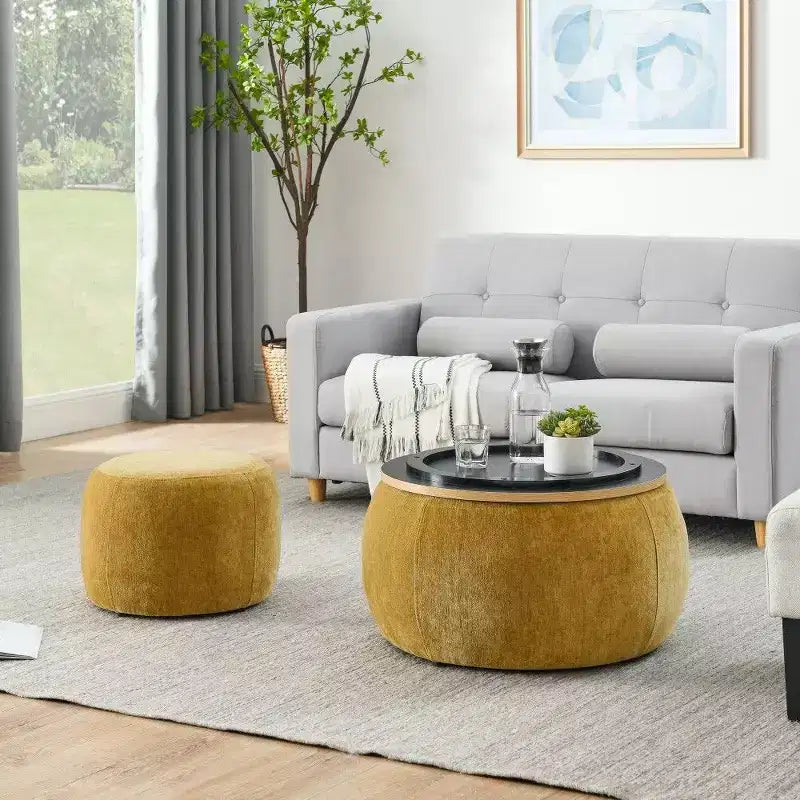 Pouf de rangement rond, Table d'appoint et repose-pieds 2-en-1 avec plateau amovible, 25 de diamètre, Aucun assemblage requis, Pouf pour salon, entrée