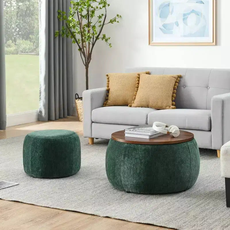 Pouf de rangement rond, Table d'appoint et repose-pieds 2-en-1 avec plateau amovible, 25 de diamètre, Aucun assemblage requis, Pouf pour salon, entrée