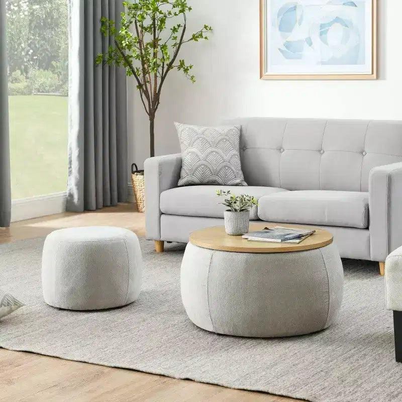 Pouf de rangement rond, Table d'appoint et repose-pieds 2-en-1 avec plateau amovible, 25 de diamètre, Aucun assemblage requis, Pouf pour salon, entrée