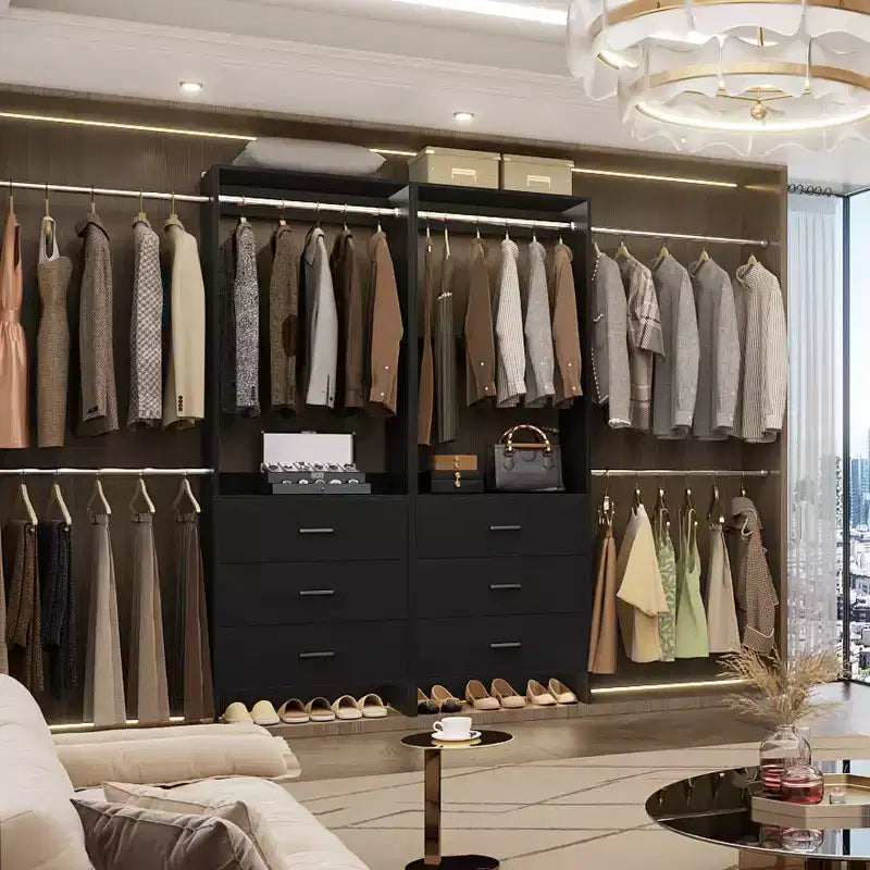 142-Système de rangement de placard avec tringles extensibles, garde-robe avec 6 tiroirs en bois