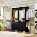 142-Système de rangement de placard avec tringles extensibles, garde-robe avec 6 tiroirs en bois