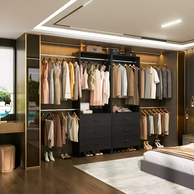 142-Système de rangement de placard avec tringles extensibles, garde-robe avec 6 tiroirs en bois