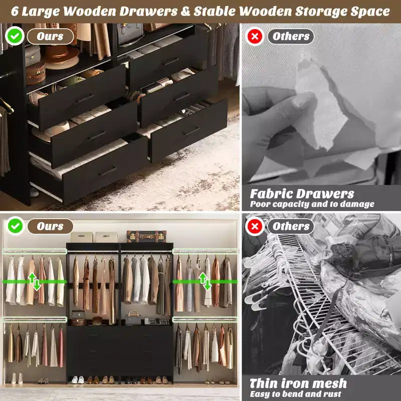 142-Système de rangement de placard avec tringles extensibles, garde-robe avec 6 tiroirs en bois