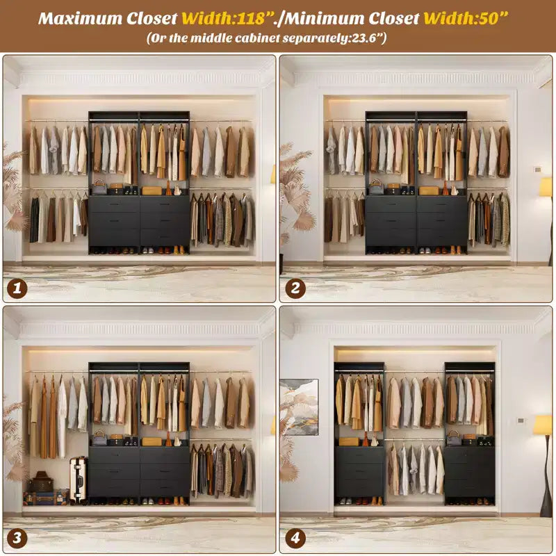 142-Système de rangement de placard avec tringles extensibles, garde-robe avec 6 tiroirs en bois