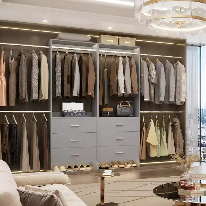 142-Système de rangement de placard avec tringles extensibles, garde-robe avec 6 tiroirs en bois