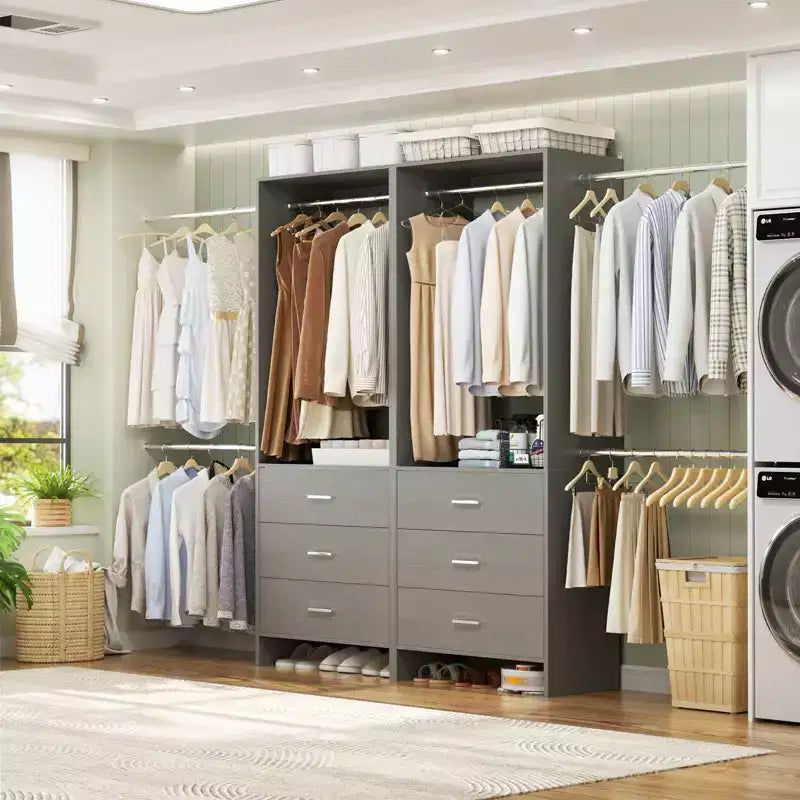 142-Système de rangement de placard avec tringles extensibles, garde-robe avec 6 tiroirs en bois