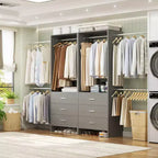 142-Système de rangement de placard avec tringles extensibles, garde-robe avec 6 tiroirs en bois