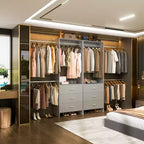 142-Système de rangement de placard avec tringles extensibles, garde-robe avec 6 tiroirs en bois
