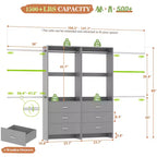 142-Système de rangement de placard avec tringles extensibles, garde-robe avec 6 tiroirs en bois