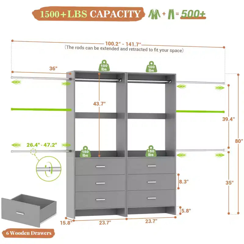 142-Système de rangement de placard avec tringles extensibles, garde-robe avec 6 tiroirs en bois
