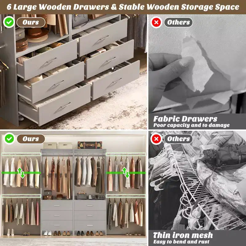 142-Système de rangement de placard avec tringles extensibles, garde-robe avec 6 tiroirs en bois