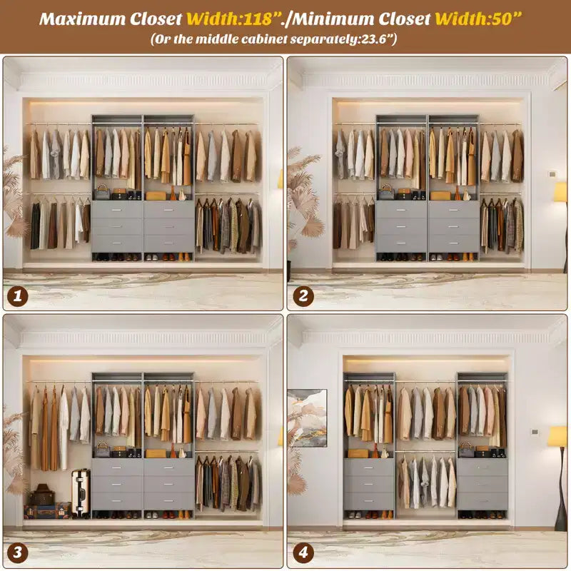142-Système de rangement de placard avec tringles extensibles, garde-robe avec 6 tiroirs en bois