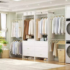 142-Système de rangement de placard avec tringles extensibles, garde-robe avec 6 tiroirs en bois