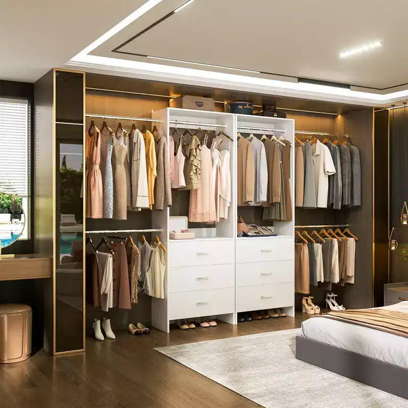 142-Système de rangement de placard avec tringles extensibles, garde-robe avec 6 tiroirs en bois