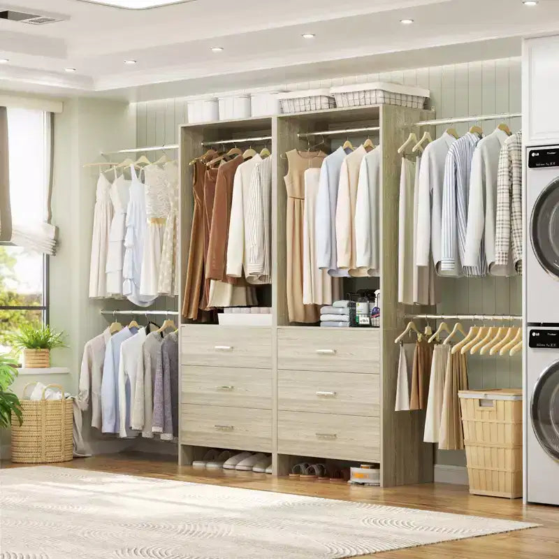 142-Système de rangement de placard avec tringles extensibles, garde-robe avec 6 tiroirs en bois