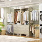 142-Système de rangement de placard avec tringles extensibles, garde-robe avec 6 tiroirs en bois